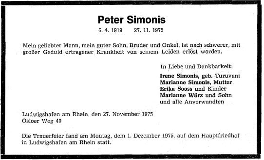 Simonis Peter 1919-1975 Todesanzeige